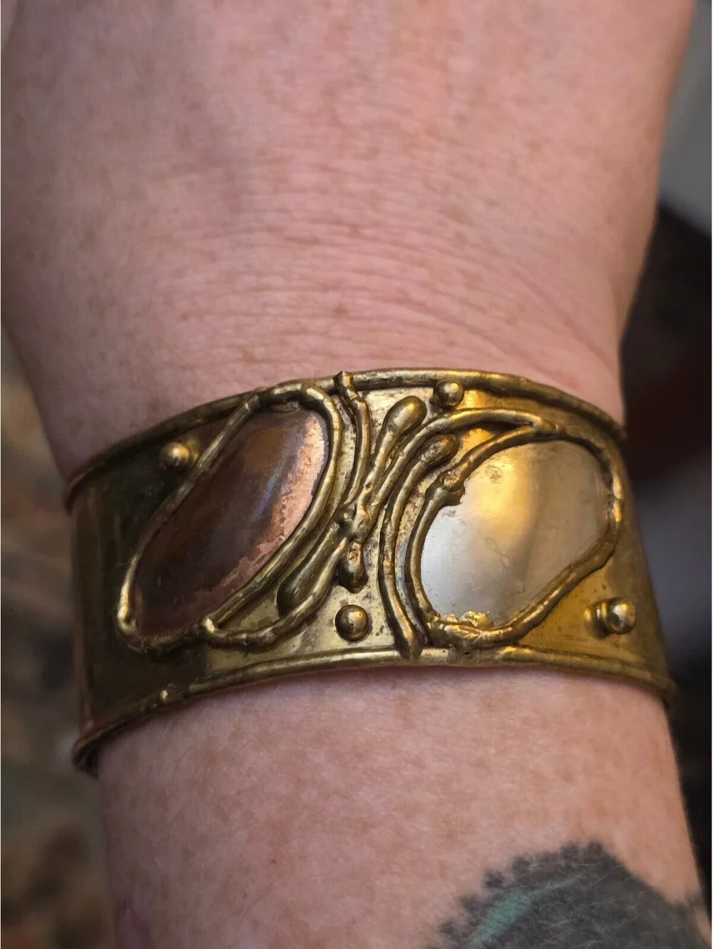 Vintage Artisan Brutalist Mixed Metal Brass Wide Cuff Bracelet Studio Modernist